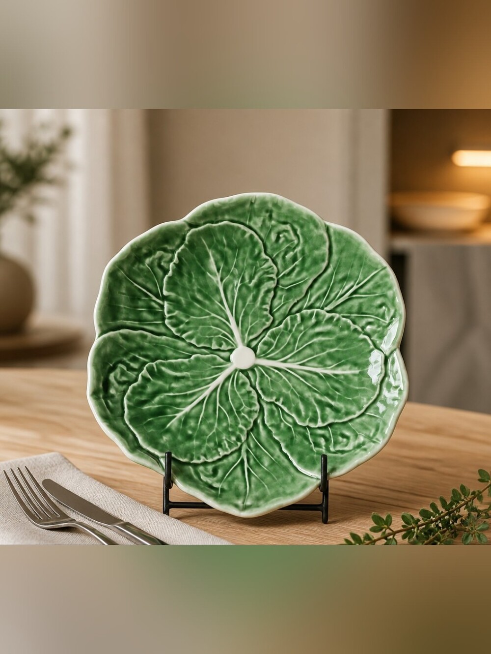 Bordallo Pinheiro 7” Salad/Cereal Bowl Green Cabbage Leaf White Vein, Portugal